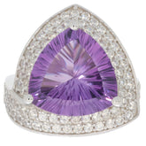 Trillion cut purple amethyst sterling silver ring with sparkling accent stones, showcasing luxury and elegance.